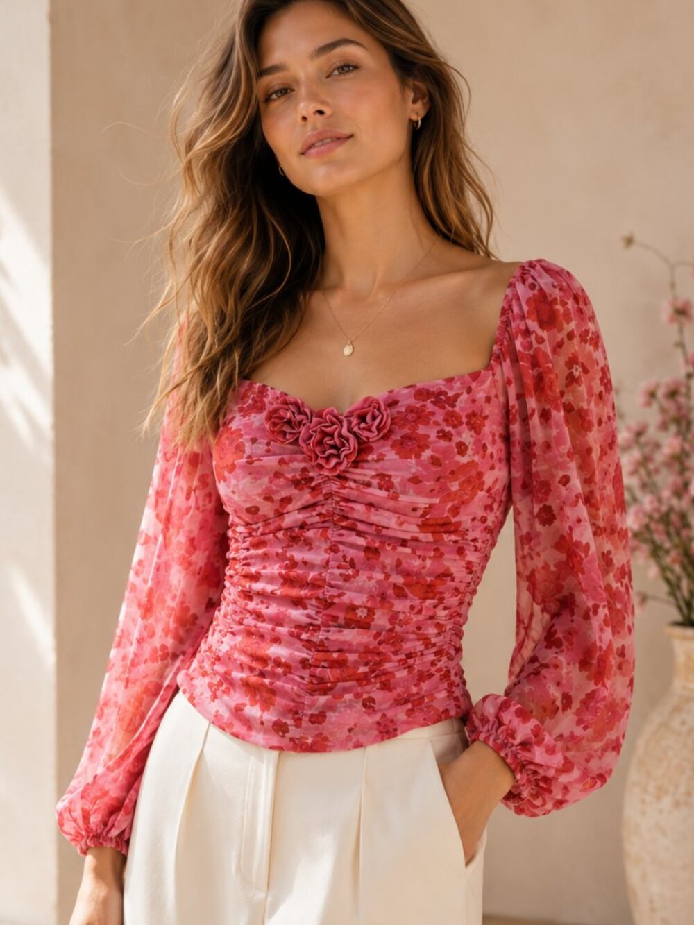 Free People Oh La La Floral Ruched Sweetheart Mesh Top Pink S
